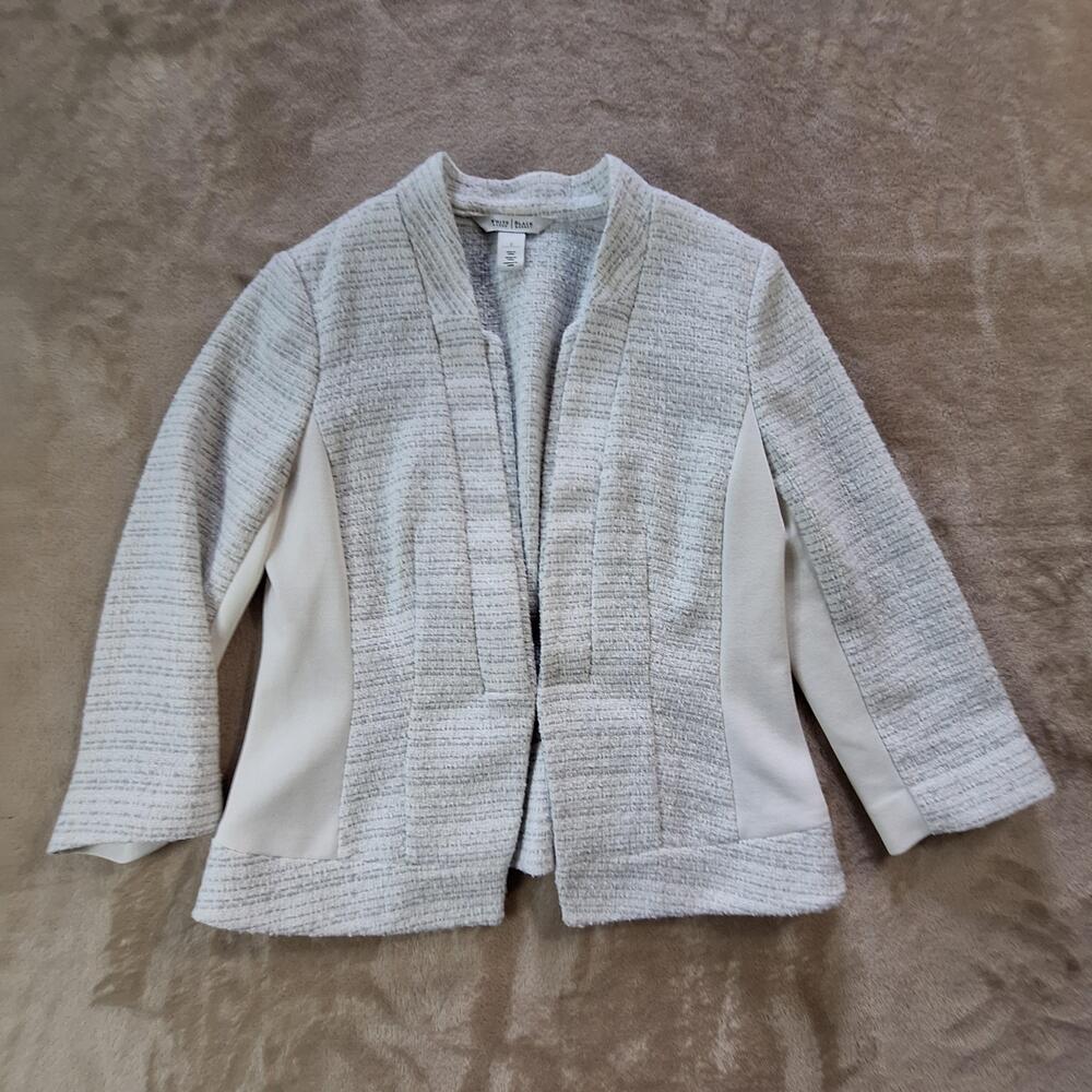 White House Black Market Blazer Womens 2 Gray Tweed Open Front Collarless Jacket